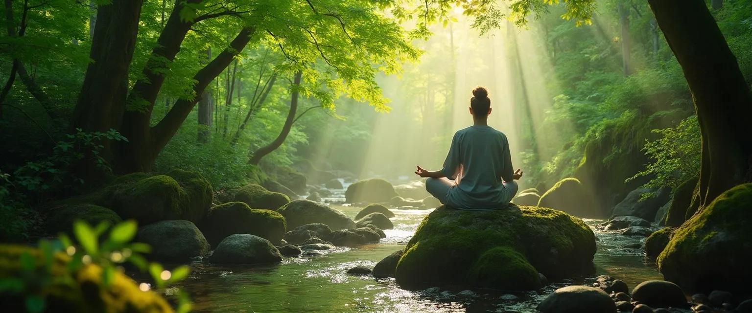 Person practicing mindful thoughts exercise while connecting with nature outdoors