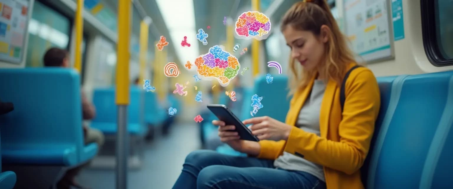 Person practicing mindfit games during their daily commute on public transport