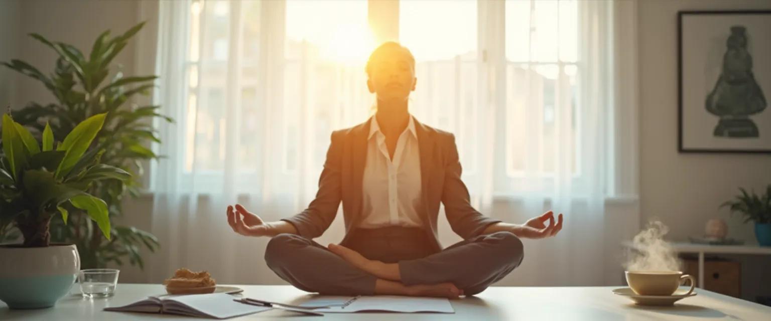 Professional practicing meditation and self-awareness at desk during workday