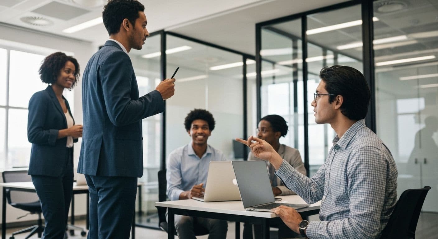 Professional demonstrating emotional intelligence and social awareness by reading team dynamics in modern workplace meeting