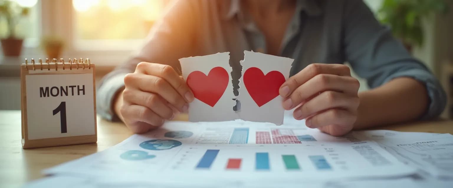Person reviewing financial documents 1 month after breakup