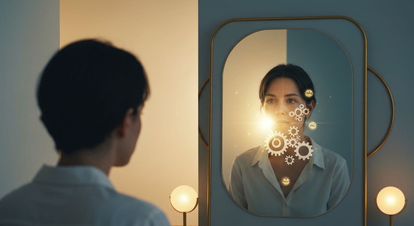 Person reflecting with thought bubbles showing self awareness for dummies concept and emotional intelligence growth