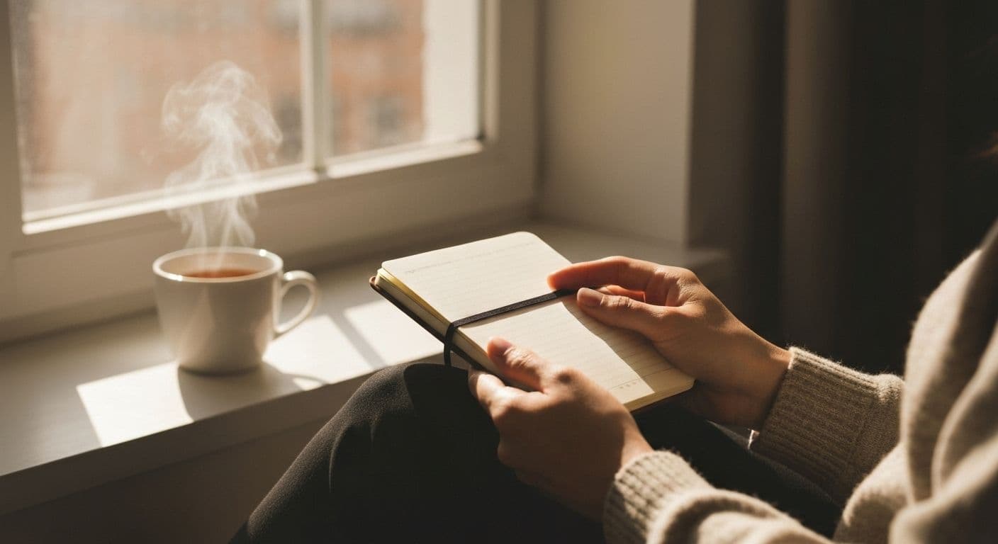 Person pausing during daily routine to practice greater self-awareness through micro-observations