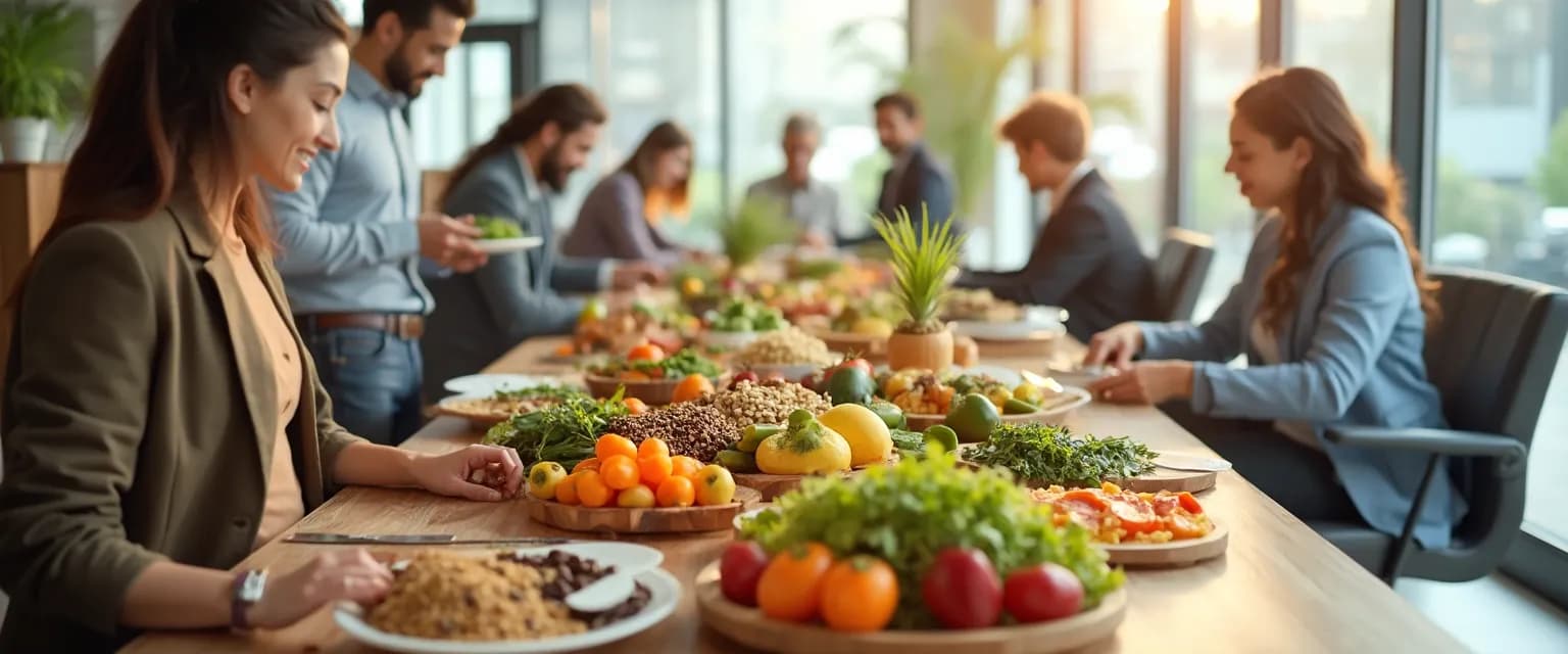 Team members enjoying healthy food options as part of employee wellbeing program
