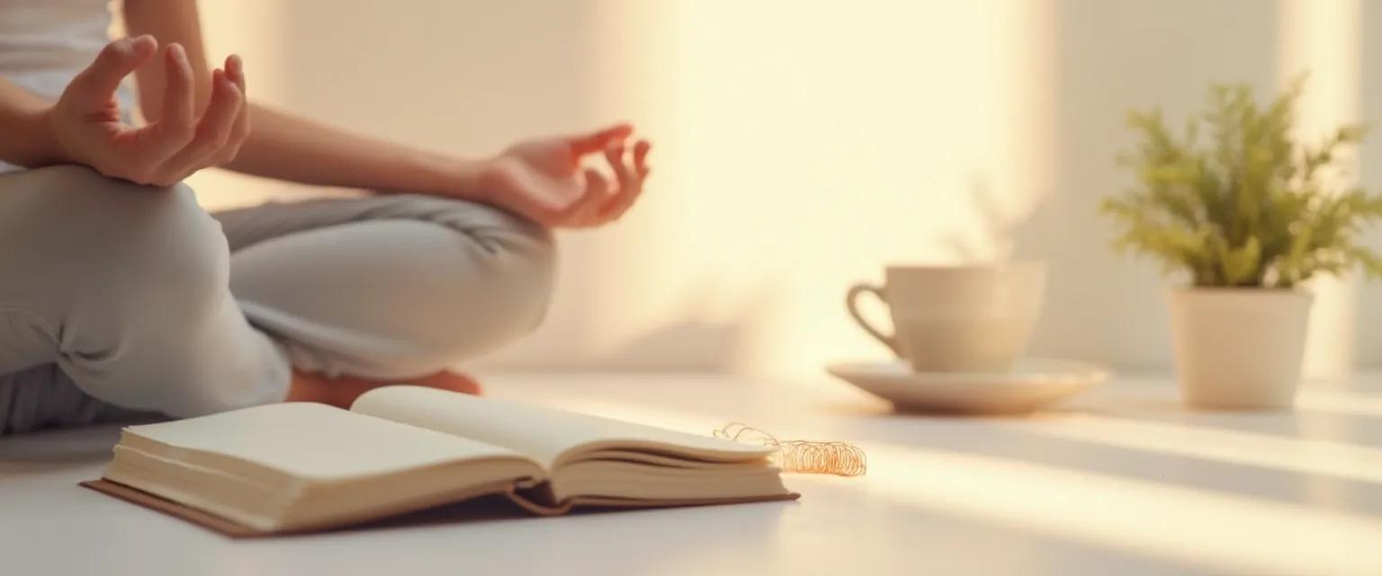 Person practicing a 5-minute self compassion workbook exercise with a peaceful expression