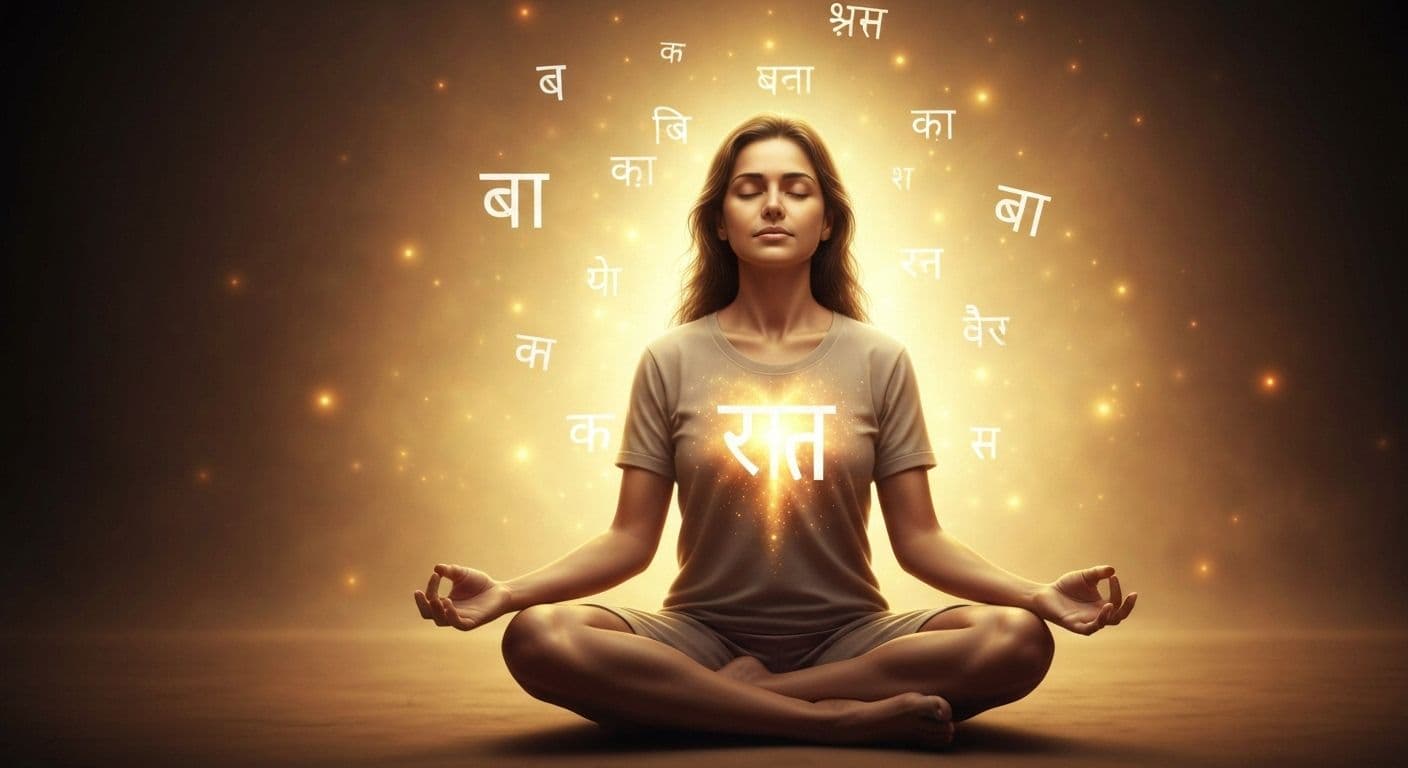 Person peacefully practicing mindfulness in Hindi with serene expression