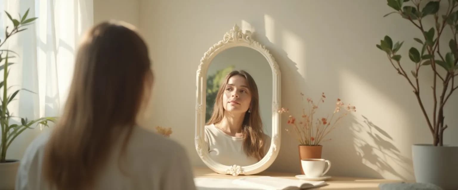 Person practicing life skills for self-awareness through daily mirror moment techniques