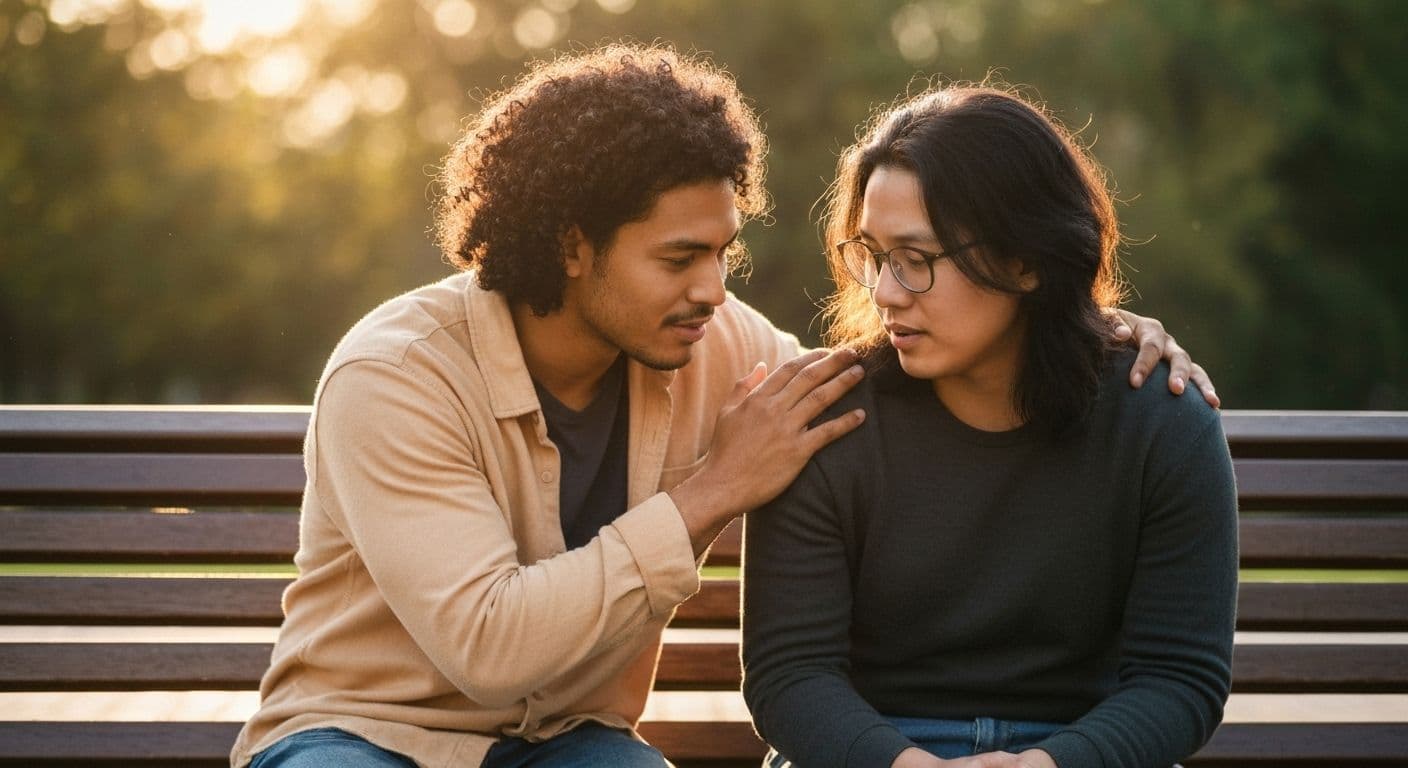 Person offering compassionate support illustrating christian words of comfort for the bereaved across different faiths
