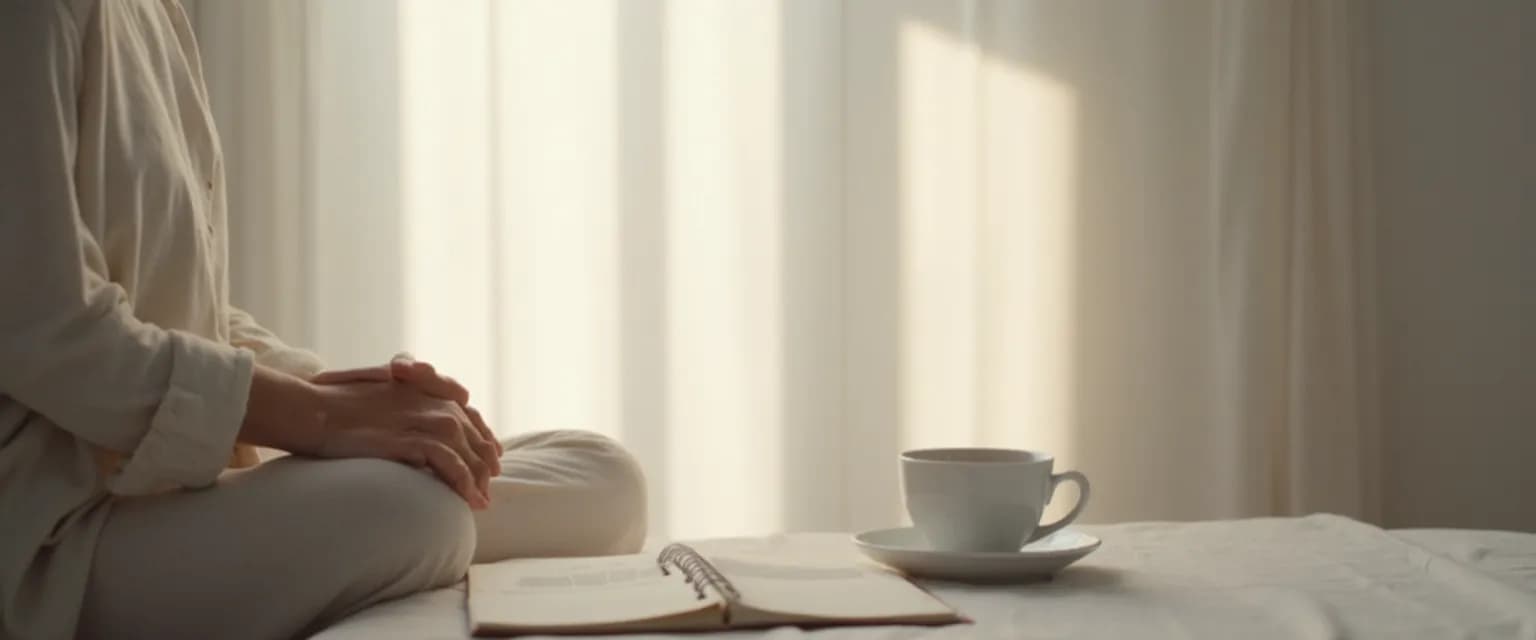 Person practicing grief mindfulness techniques with eyes closed in a neutral, calm setting