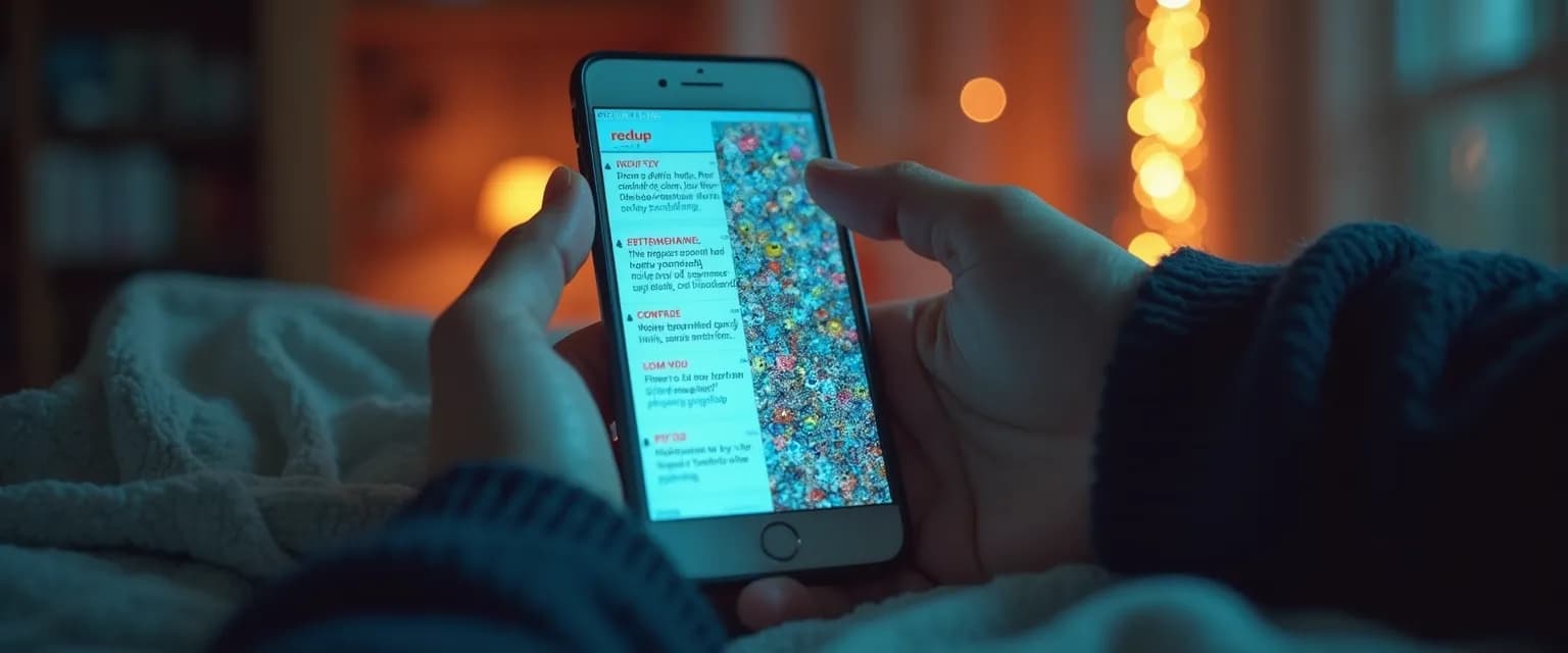 Person thoughtfully browsing Reddit breakups forums on smartphone with calm expression