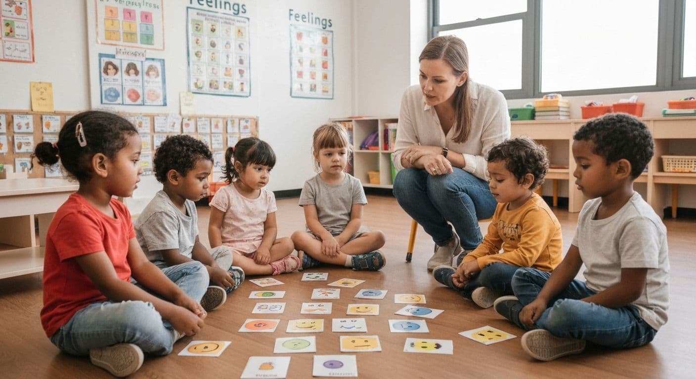 Parent teaching self awareness in preschoolers using emotion cards and body language cues
