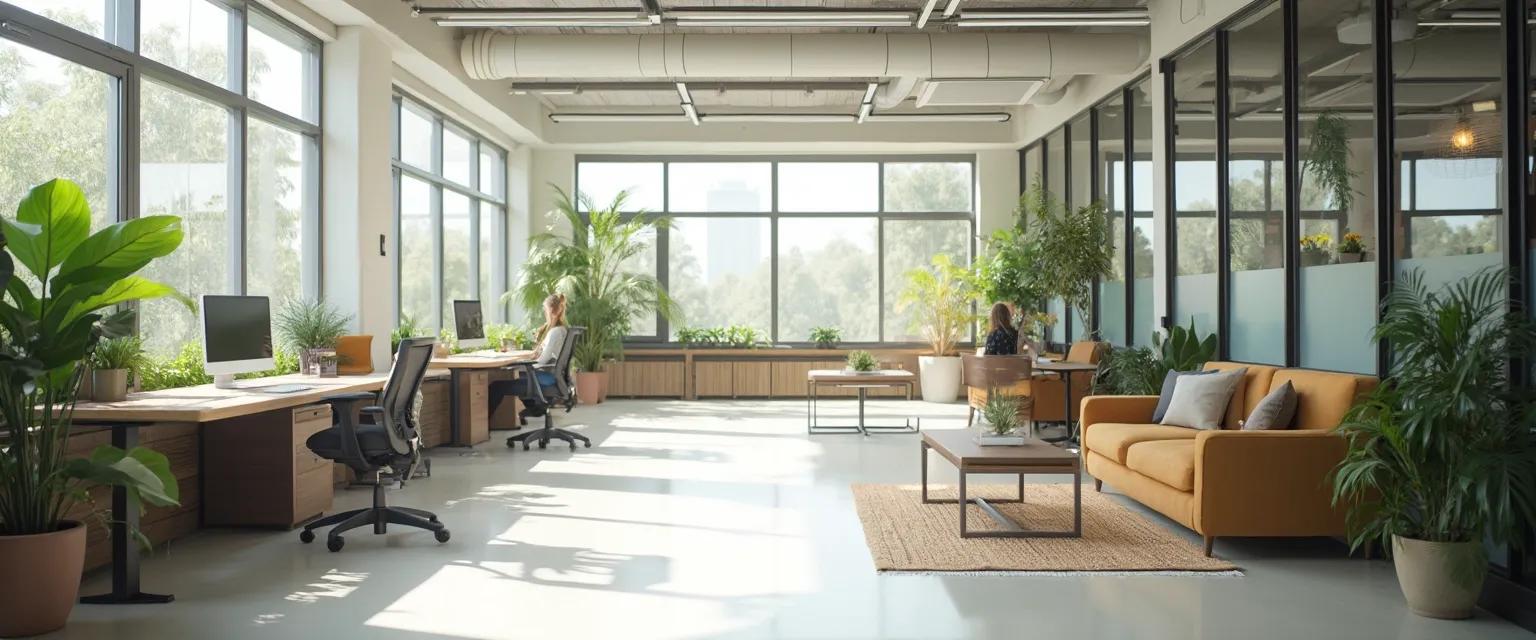 Office workspace designed to enhance employee well being in workplace with natural light and plants