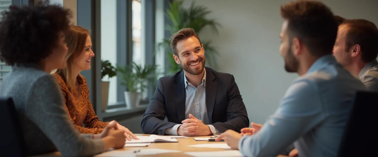 Manager demonstrating benefits of emotional intelligence in the workplace during team meeting