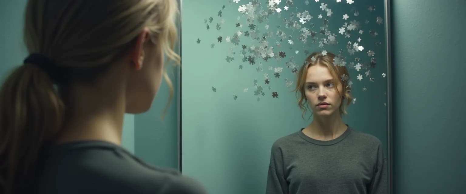 Person reflecting on accurate self-awareness in front of mirror showing different perspective