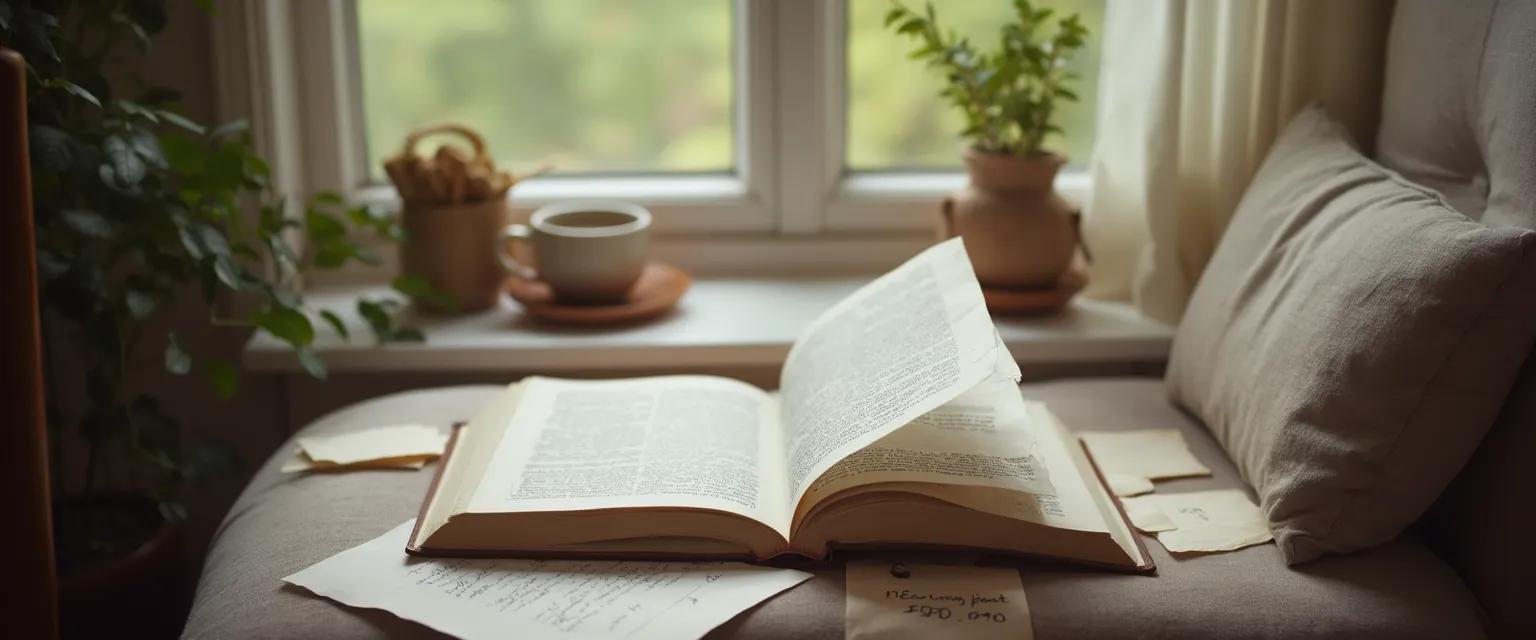 Person finding comfort in books on grief during recovery process