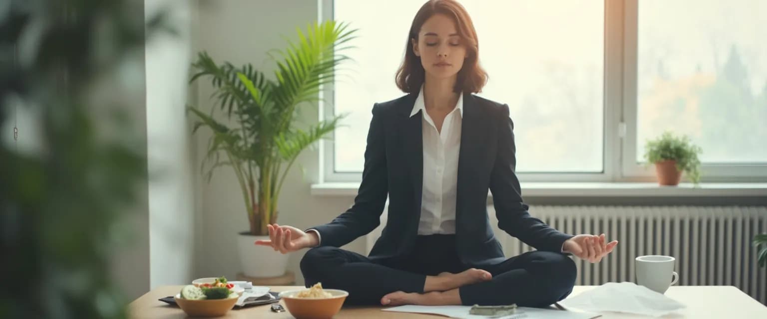 Office worker practicing body mind centering exercises at desk during lunch break