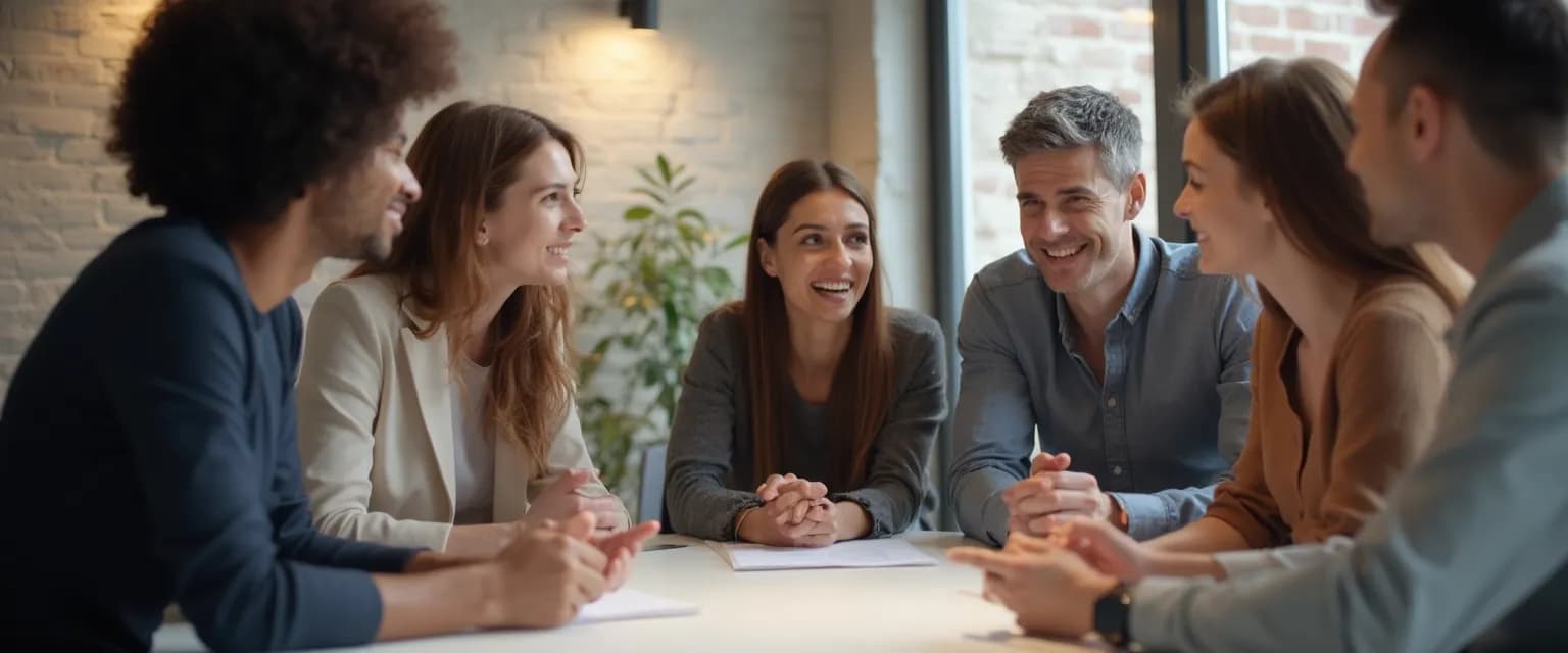 Professionals demonstrating emotional intelligence in the workplace through collaborative problem-solving