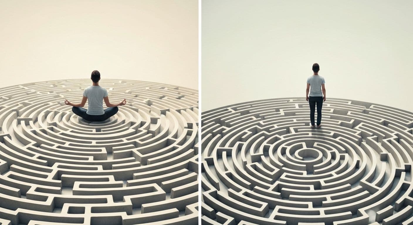 Person reflecting on their thought patterns demonstrating meta self-awareness versus mindfulness practice