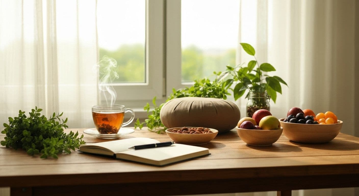 Peaceful mindgreen morning ritual setup with houseplants, sustainable breakfast, and meditation space