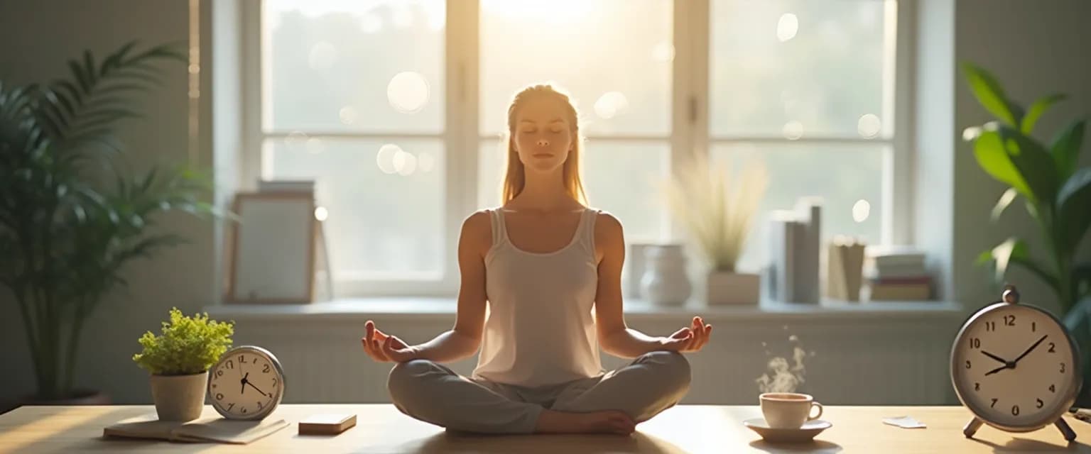 Professional woman practicing guided meditation for self-awareness at her desk during lunch break