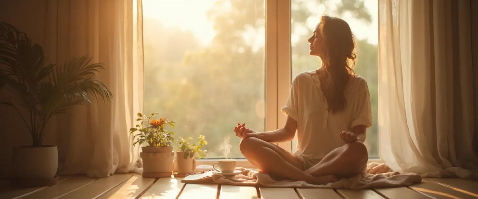 Person practicing simple daily rituals for being happy with a peaceful expression