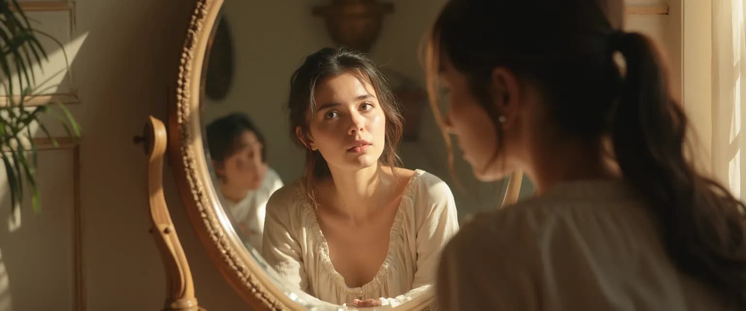 Person practicing introspection self-awareness through daily mirror moment techniques