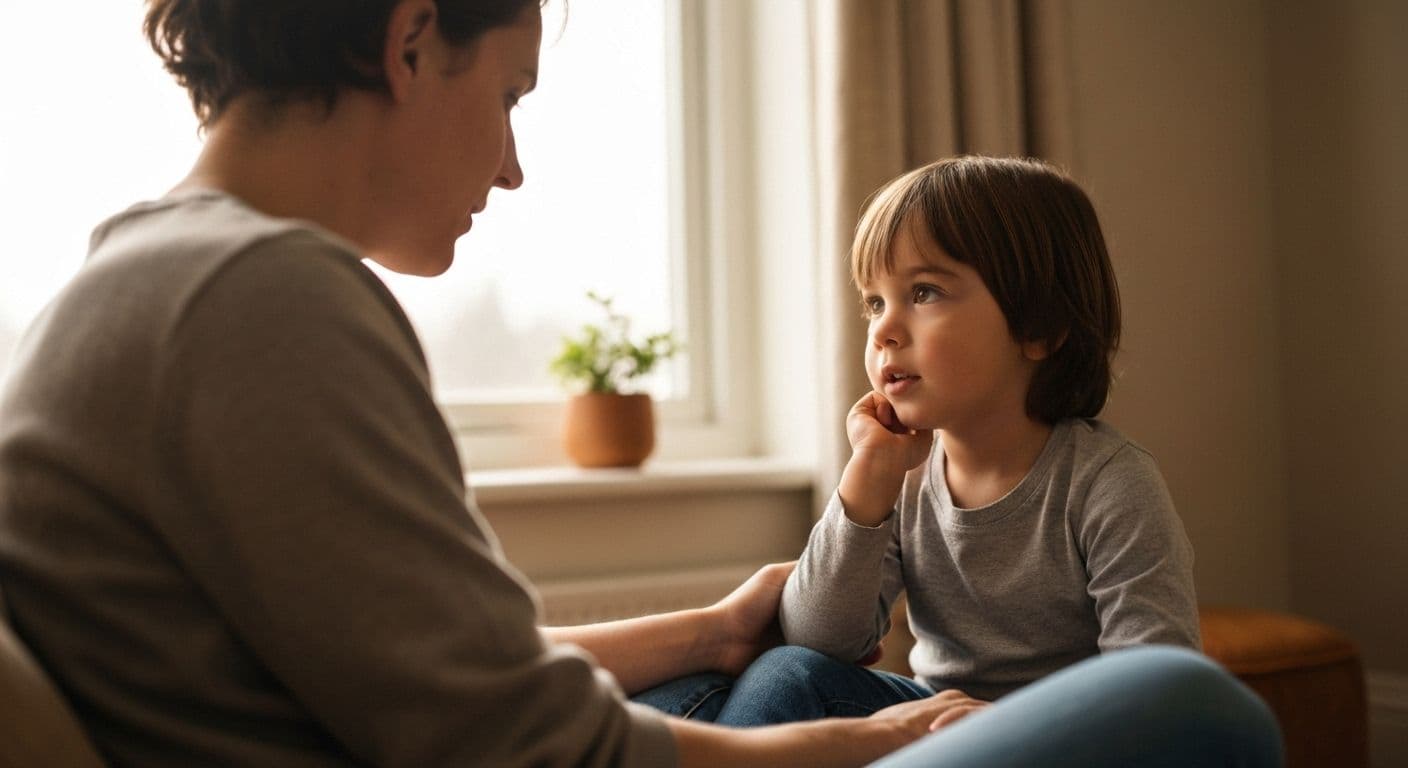 Parent having a natural conversation with child about emotions, teaching self awareness through daily interaction