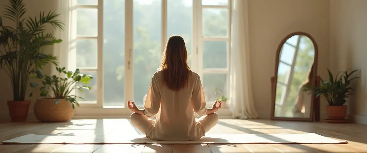 Person practicing self concept self awareness techniques with mirror reflection showing inner growth