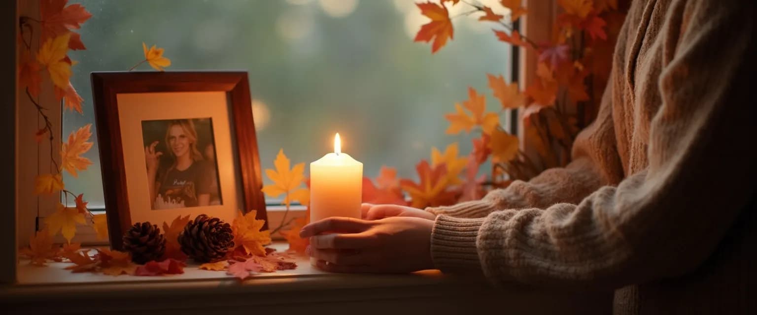 Person creating seasonal memorial tradition while grieving a spouse