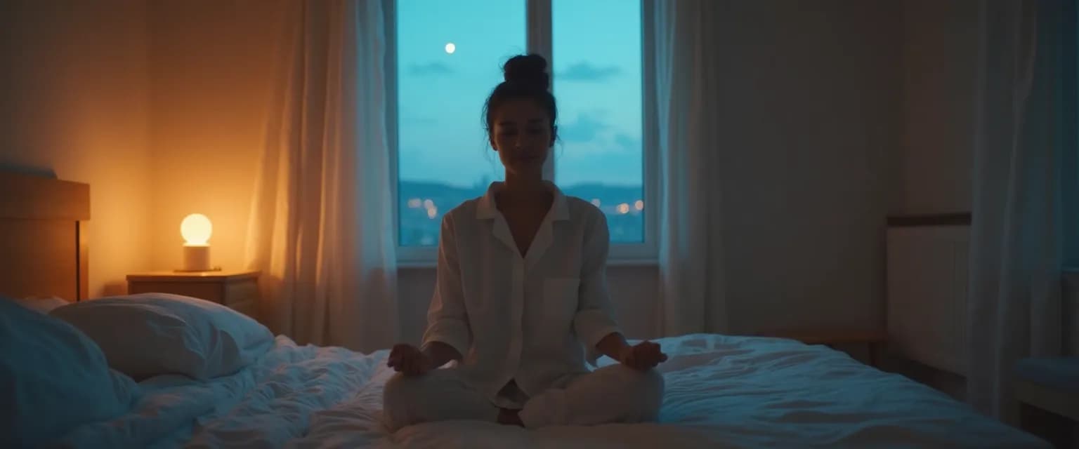 Person practicing mindful meditation for sleep in a simple bedroom setting