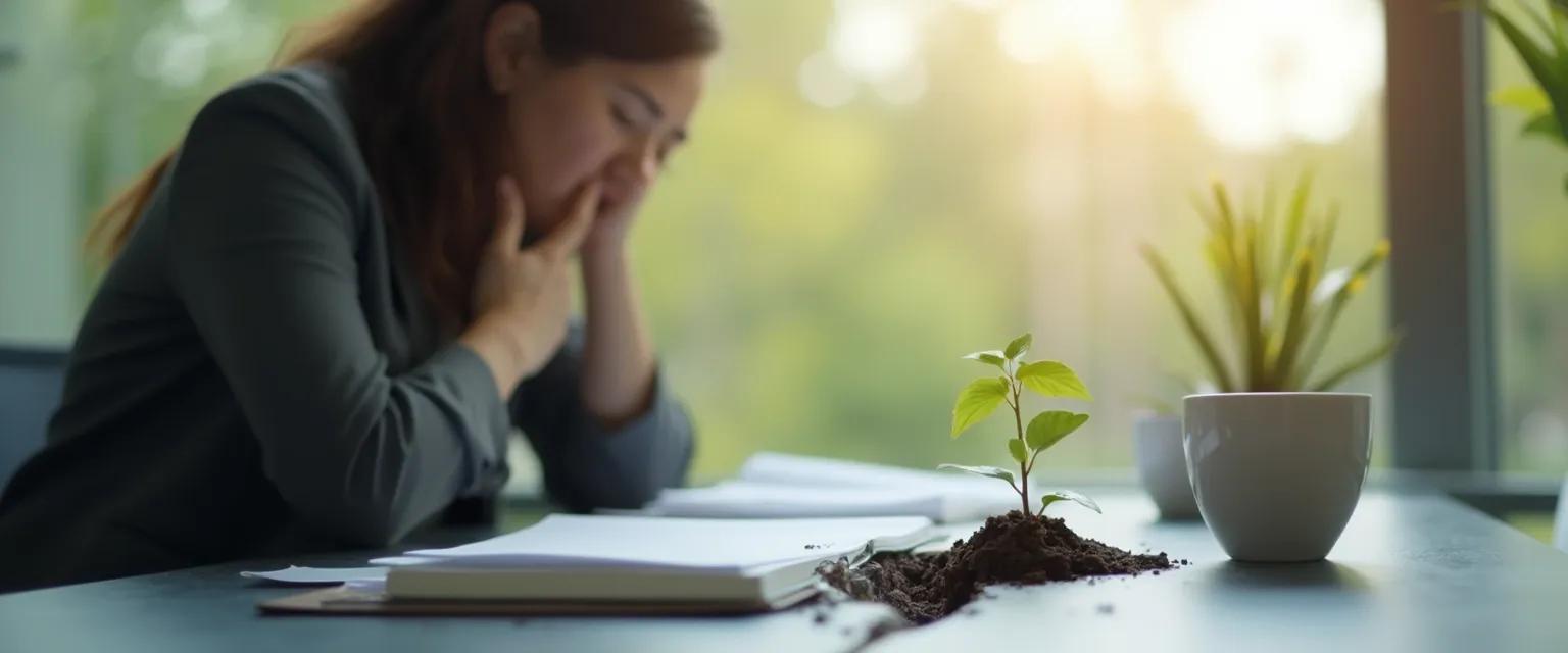 Professional woman experiencing good grief while working at her desk