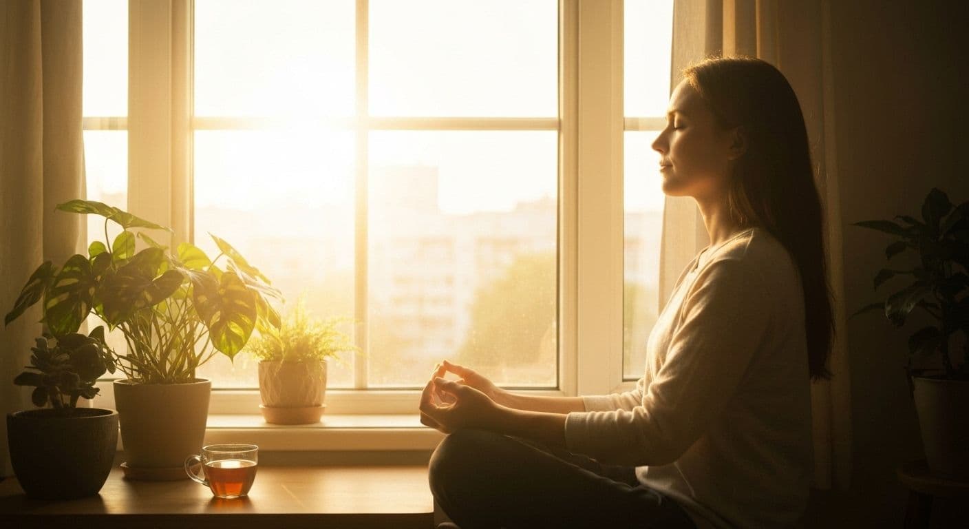 Person waking up peacefully practicing positive mind positive life morning routine in bright bedroom