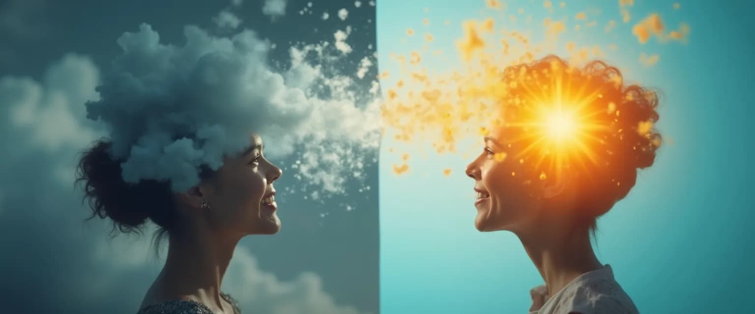 Person smiling while practicing happy thoughts in English with transformative phrases