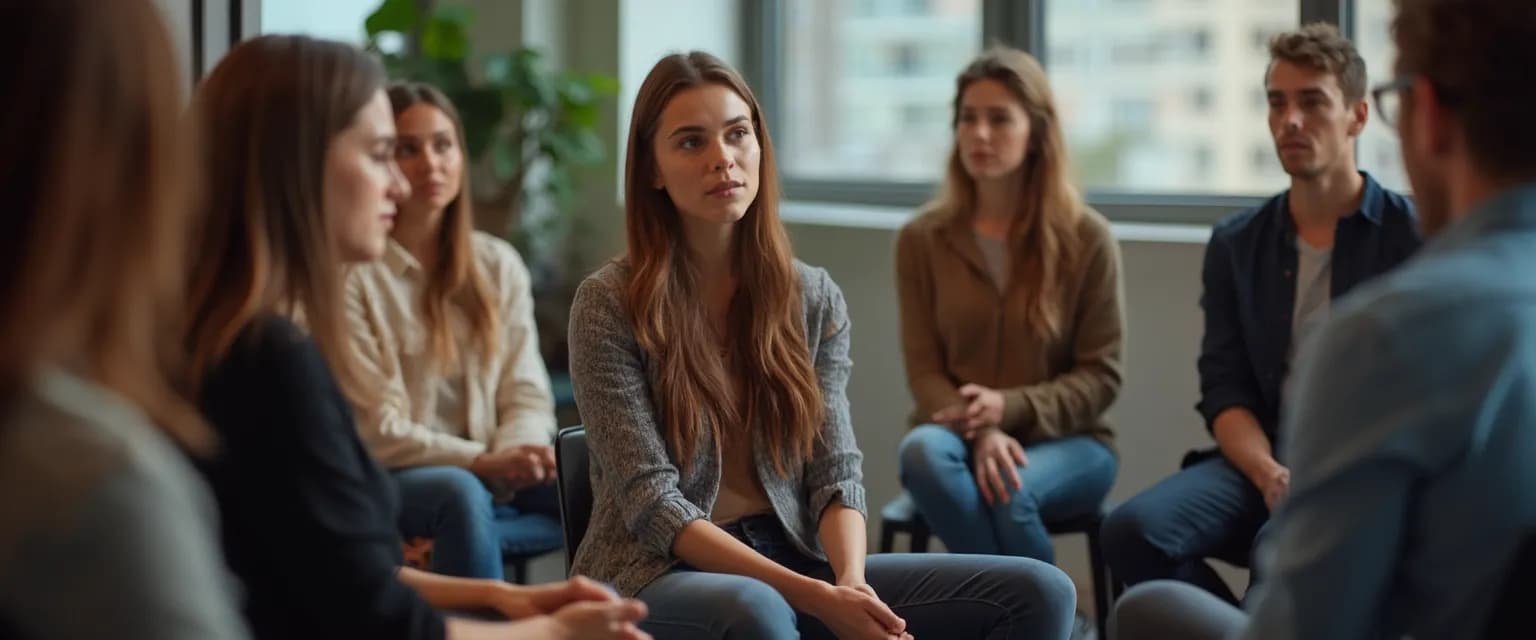 Team engaged in a mindfulness listening activity in a bright, collaborative workplace setting