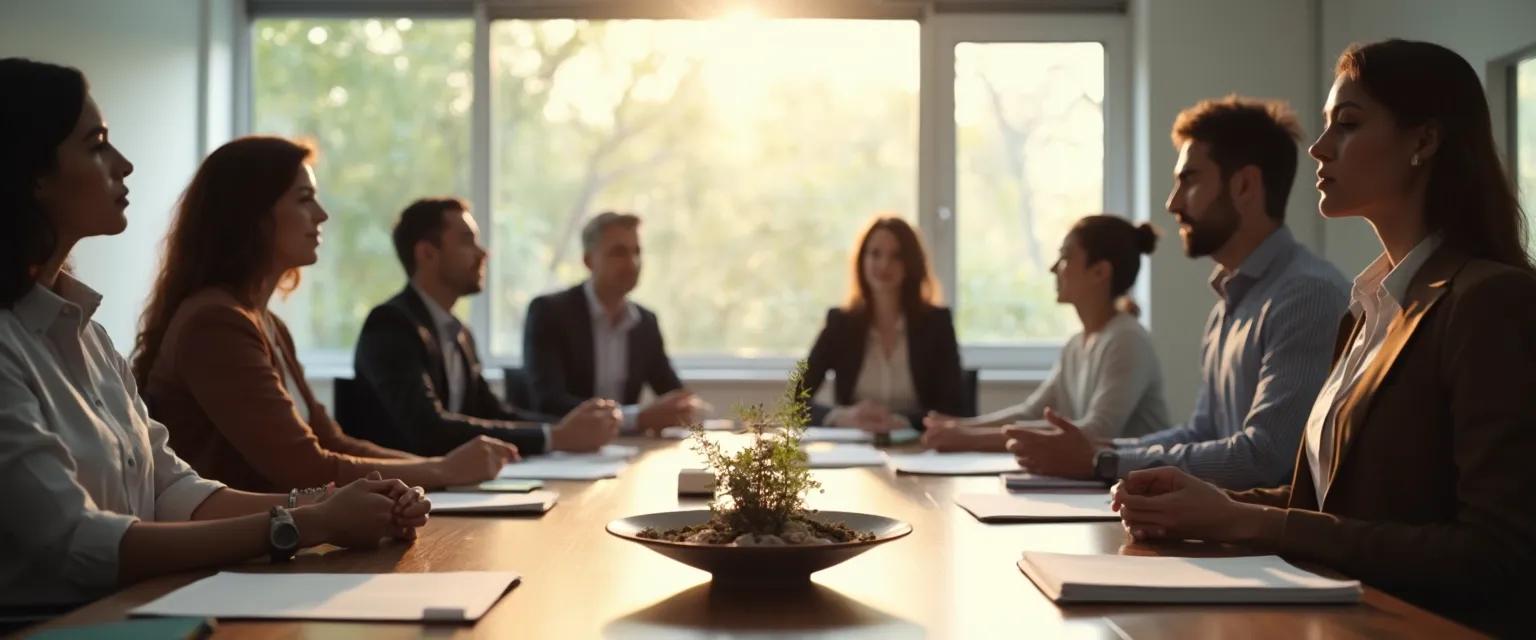 Professional practicing mindfulness in the workplace during a meeting