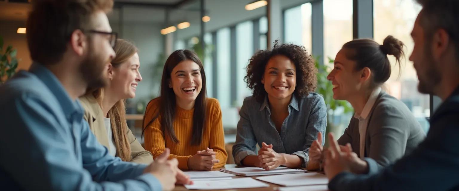 Team practicing workplace EQ exercises during a brief meeting session