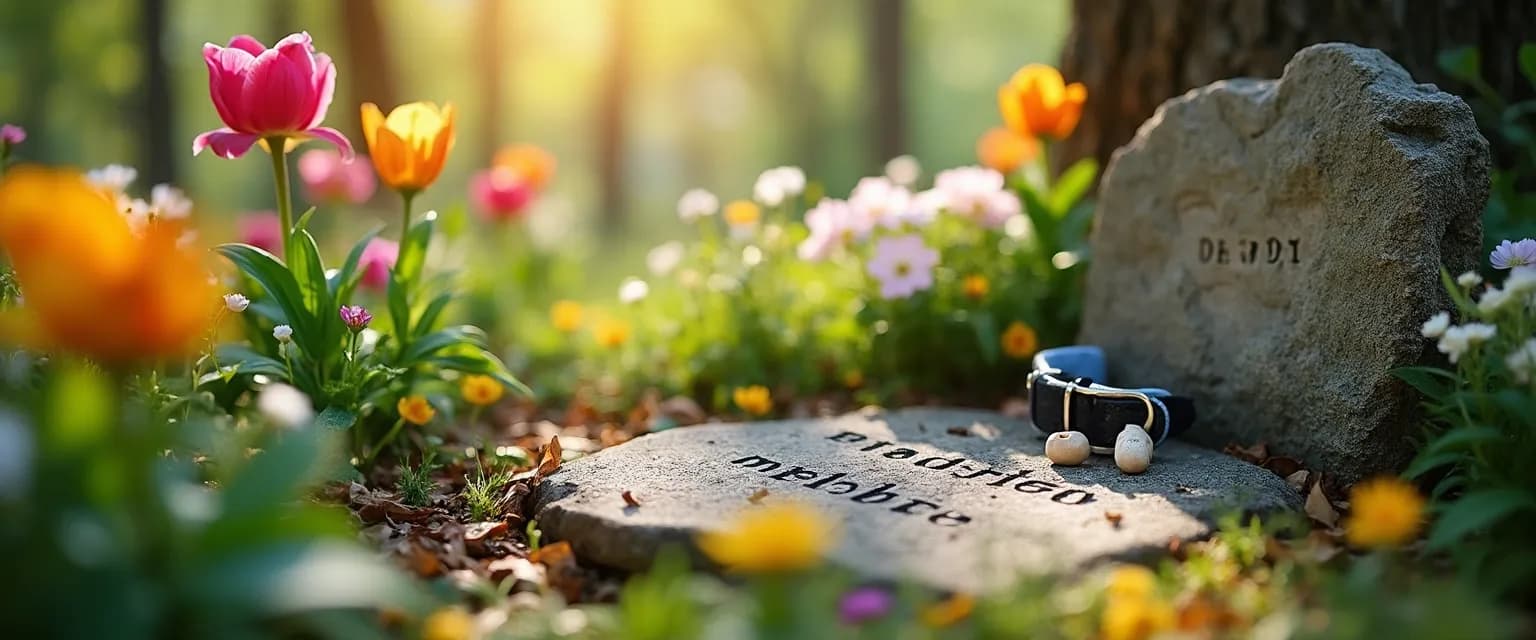 Peaceful pet grief memory garden with colorful flowers and personal memorial items