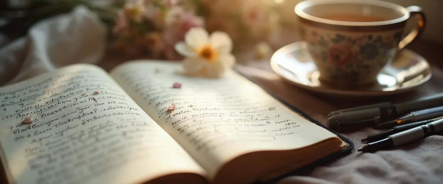 Person writing healing notes on a heartbreak in a journal with a cup of tea nearby