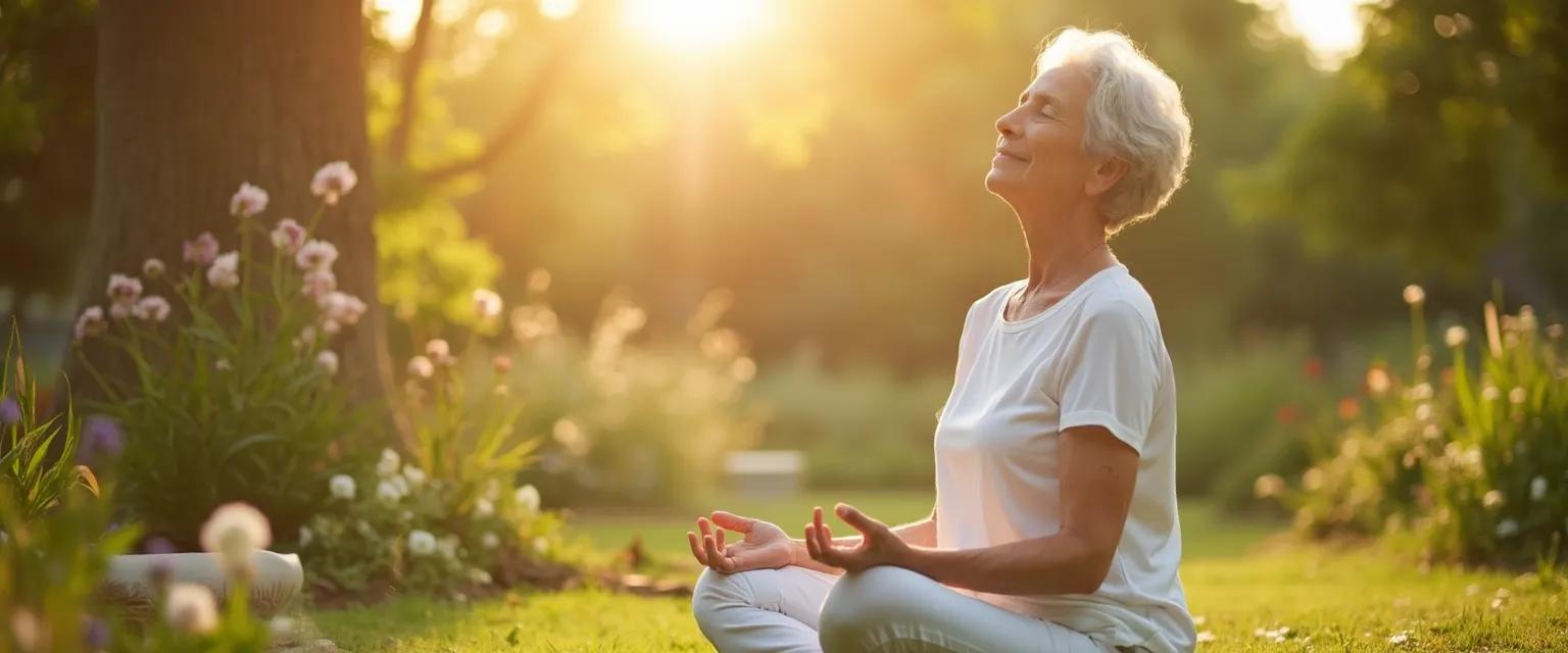 Woman practicing breathing techniques to manage anxiety in menopause transitions