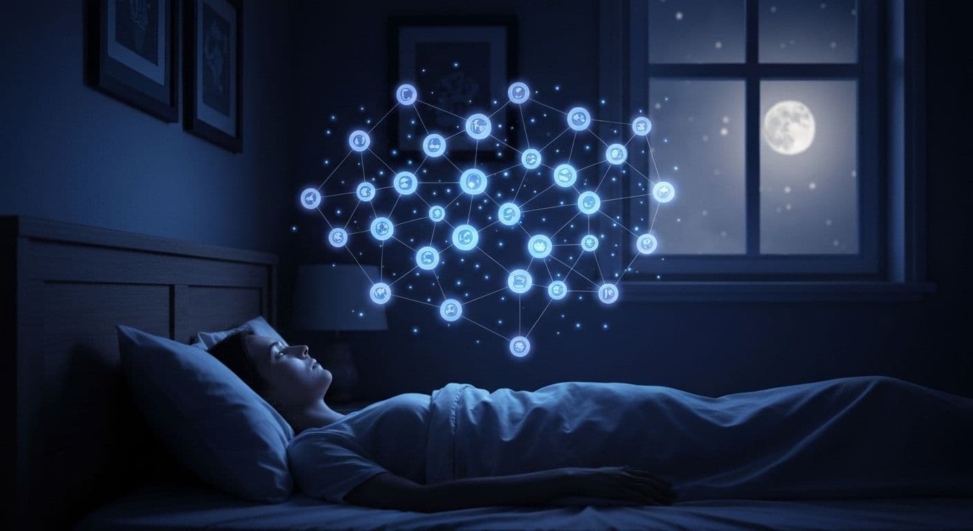 Person peacefully lying in bed with calm expression, illustrating how to quiet your mind at night for restful sleep