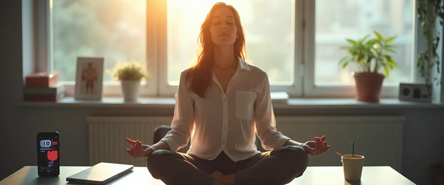 Working parent practicing 10-minute mindfulness meditation during lunch break at desk