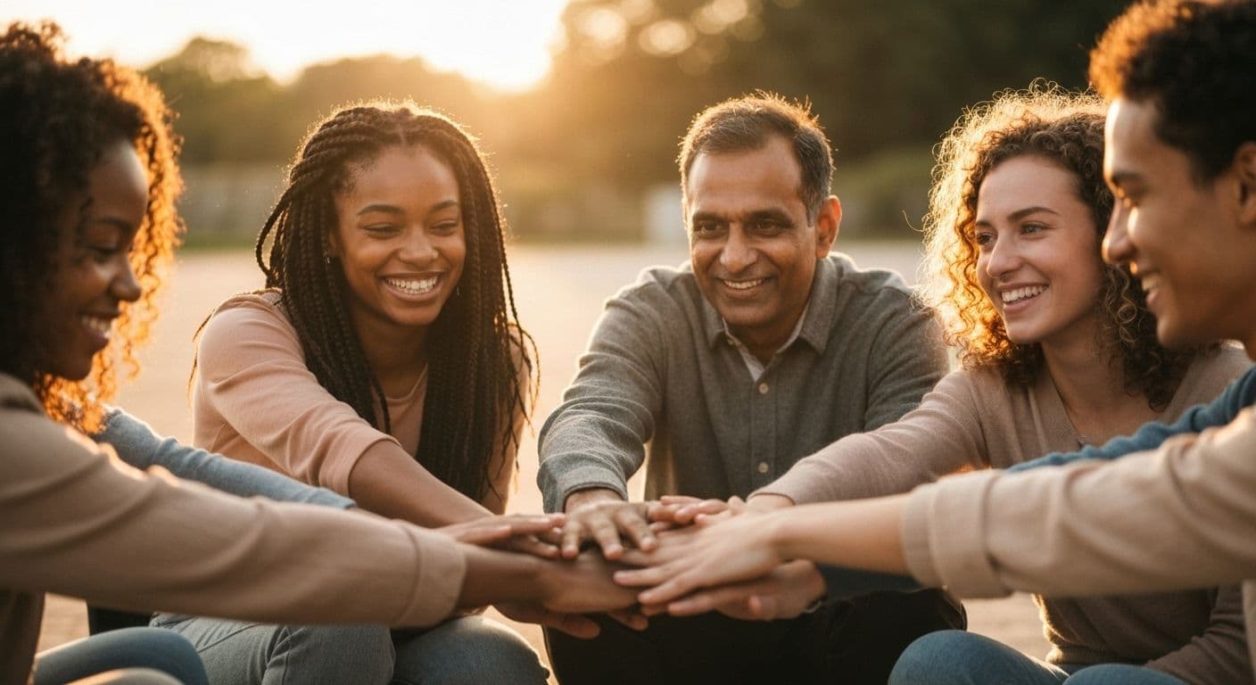 Person receiving help getting over a breakup from supportive friends in a warm, comforting setting