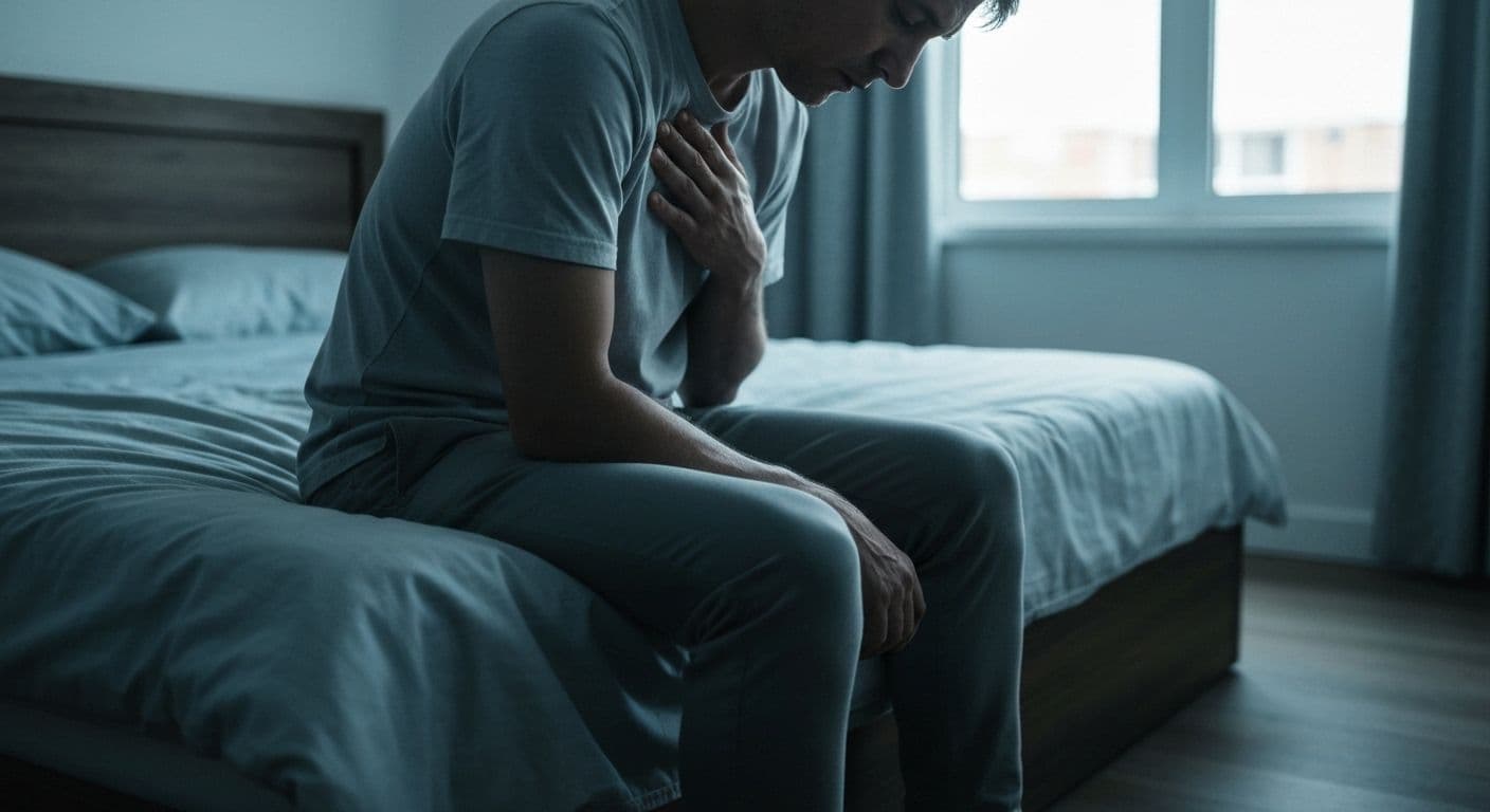 Person experiencing physical symptoms of severe depression after breakup, showing fatigue and exhaustion