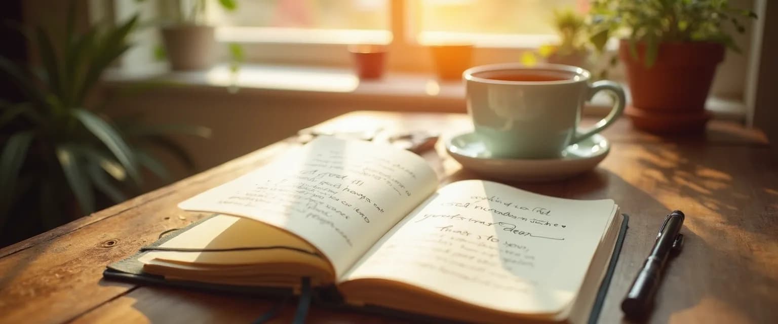 Open notebook with mindful self-compassion workbook prompts and colorful pens