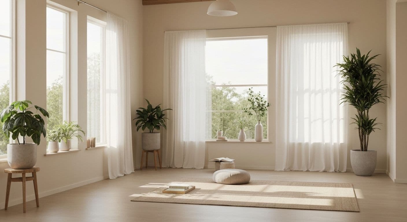 Calm, organized living space promoting peaceful life peaceful mind with natural lighting and minimal clutter