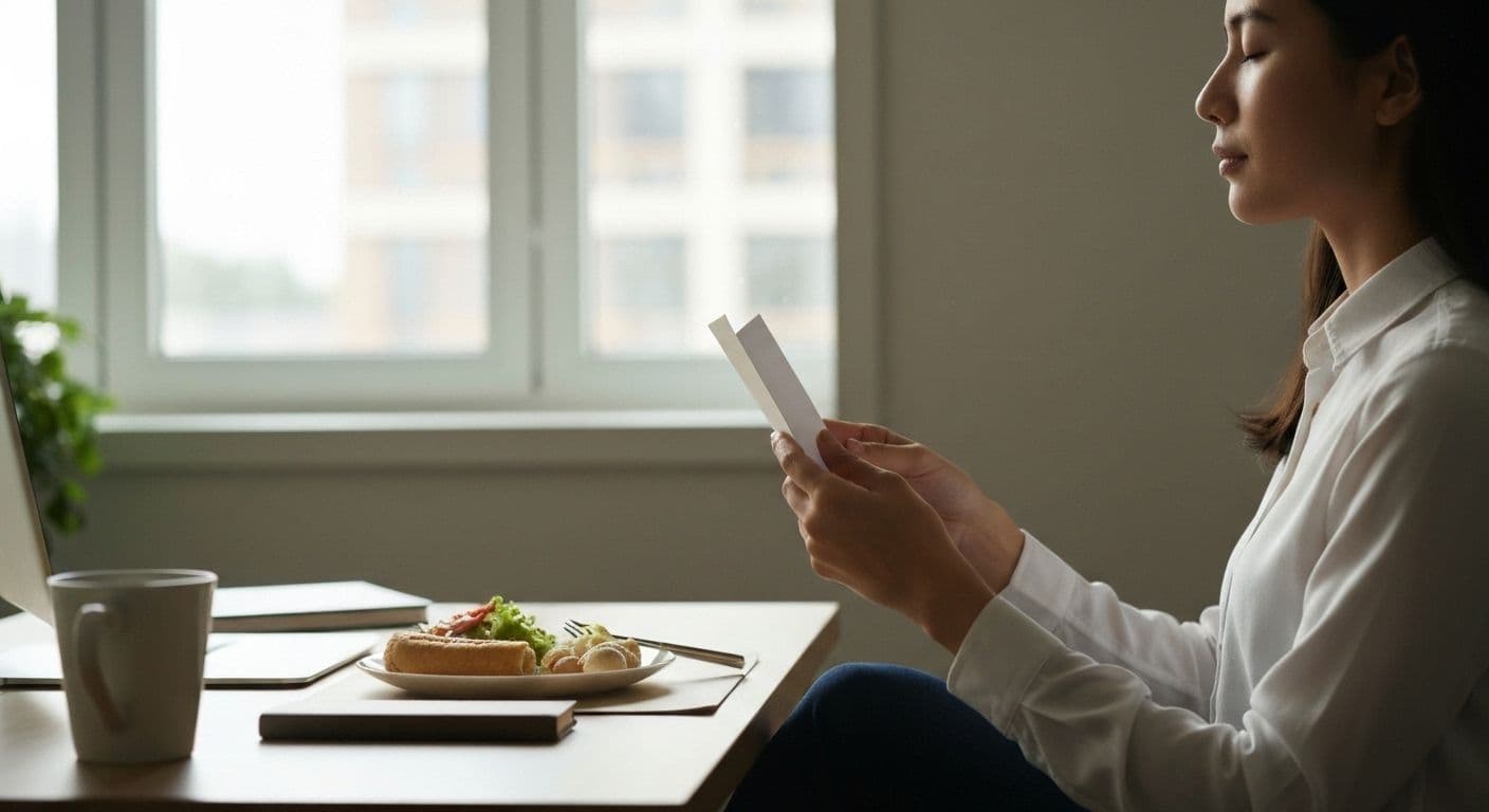 Person using mindfulness cards during lunch break at desk for mental reset and stress relief