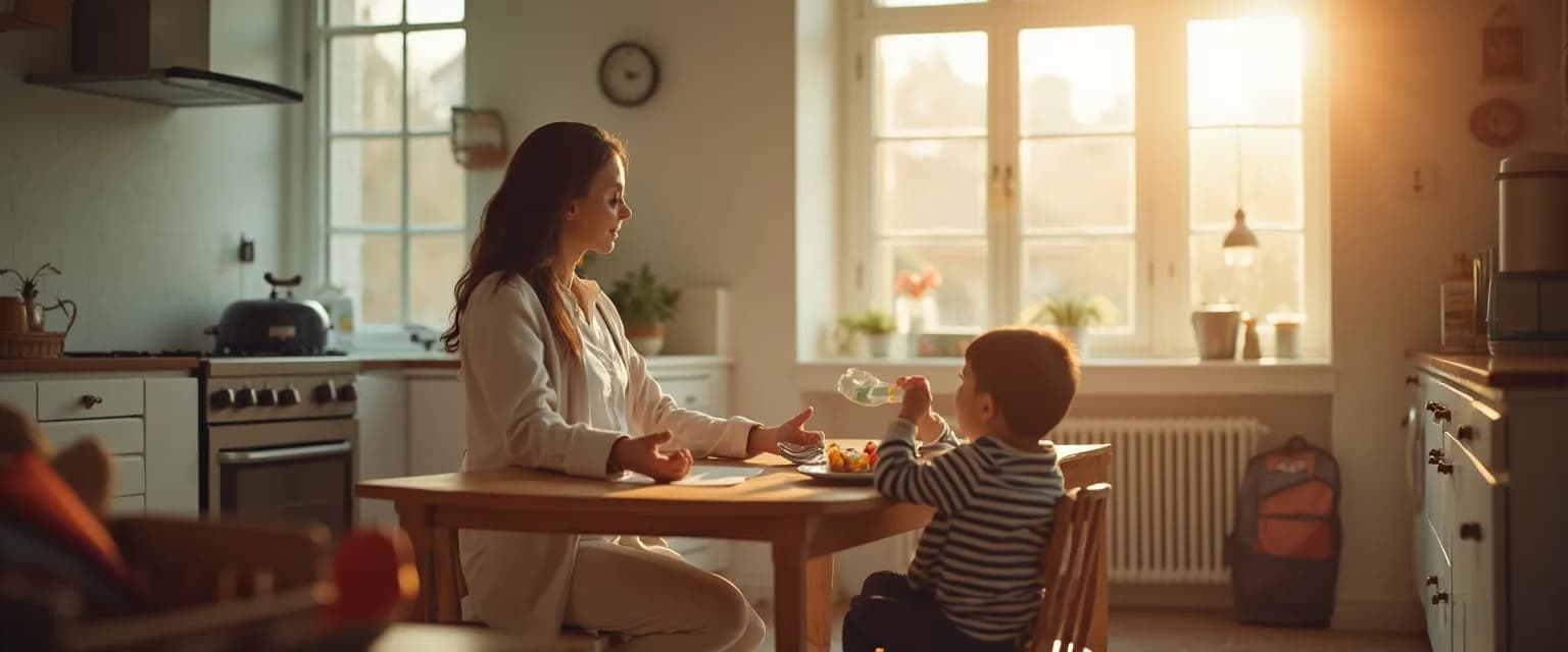 Working parent practicing Kabat-Zinn mindfulness techniques during chaotic morning routine with children