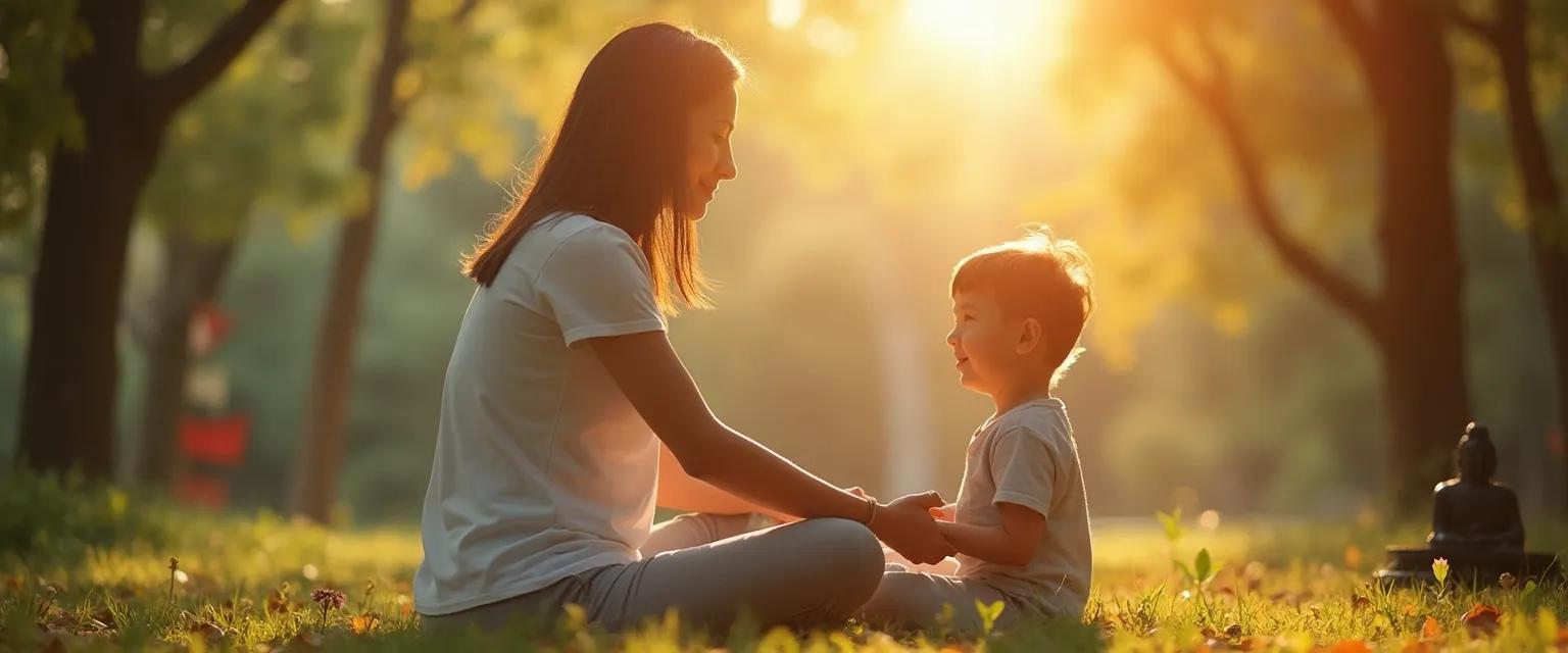 Parent practicing Buddhist mindfulness techniques while spending quality time with child