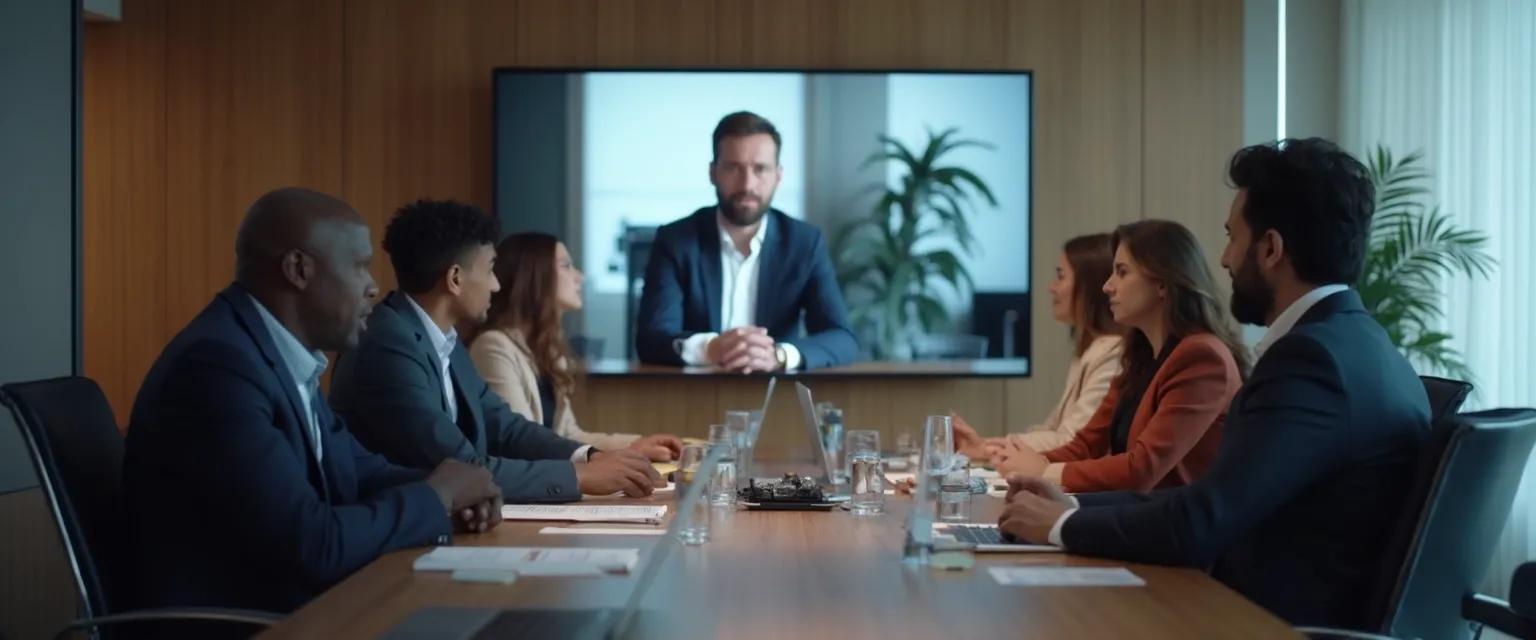 Professional demonstrating EQ in workplace during a hybrid meeting with in-person and virtual participants