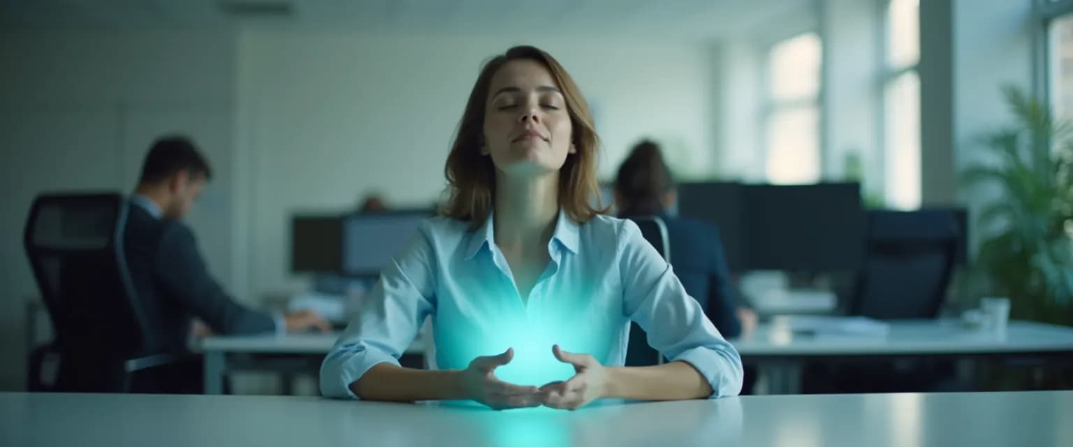 Professional practicing mindfulness counseling breathing techniques at desk between meetings
